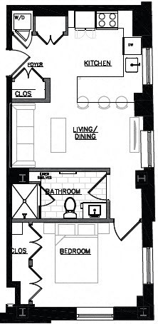 Floor plan for 1 bed, 1 bath, 580 sqft